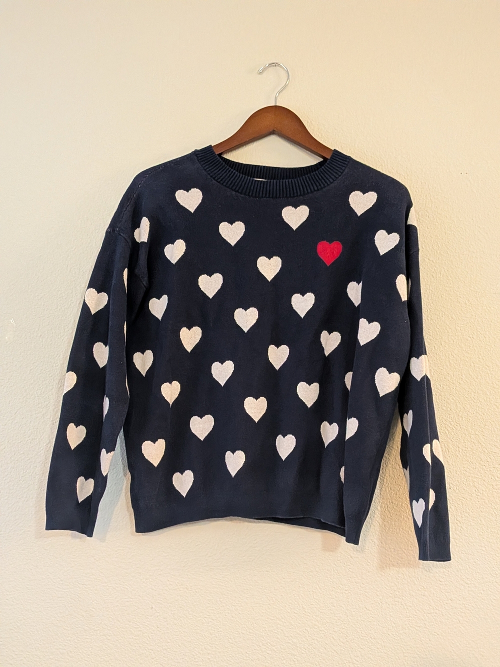 LOFT Navy Crewneck Sweater with White Hearts and Red Heart Accent